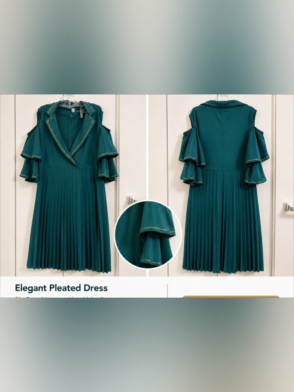 Women’s Teal Pleated Dress with Gold Trim